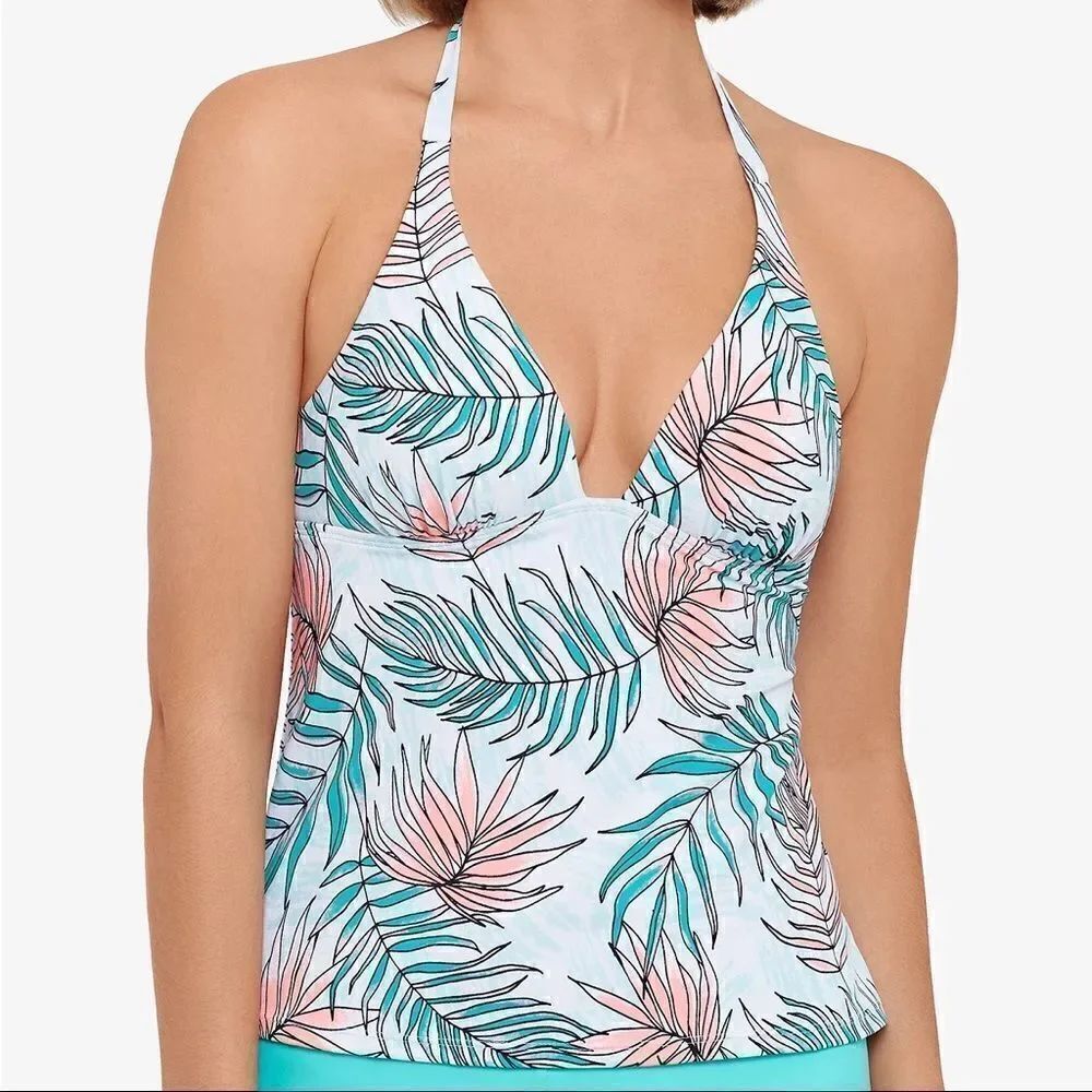 Salt + Cove Blue Tropical Calm Palm Printed Halter Tankini Swim Top Small NWT